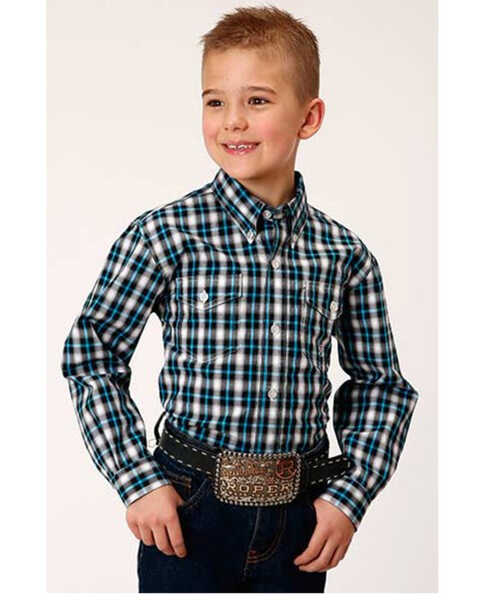 Roper Boys' Plaid Print Long Sleeve Button-Down Western Shirt, Teal, hi-res