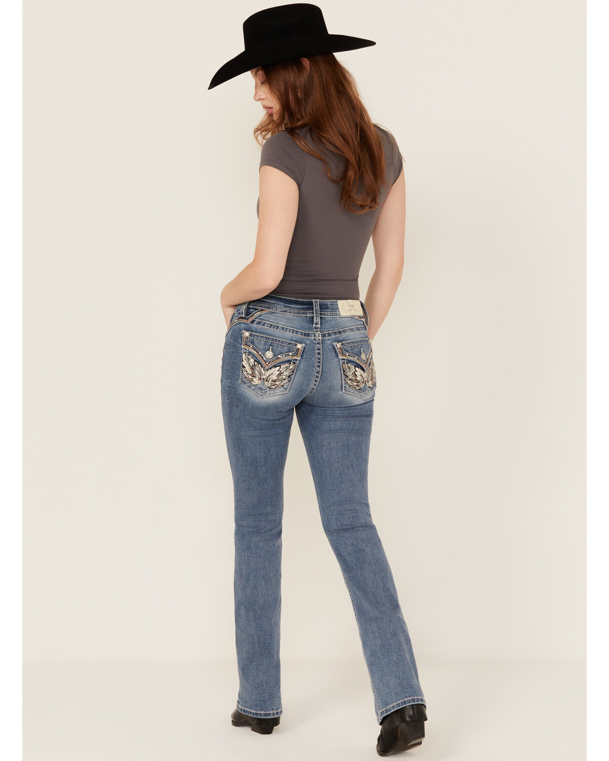 Image #1 - Miss Me Women's Medium Wash Wing Embroidered Bootcut Stretch Jeans, Medium Wash, hi-res
