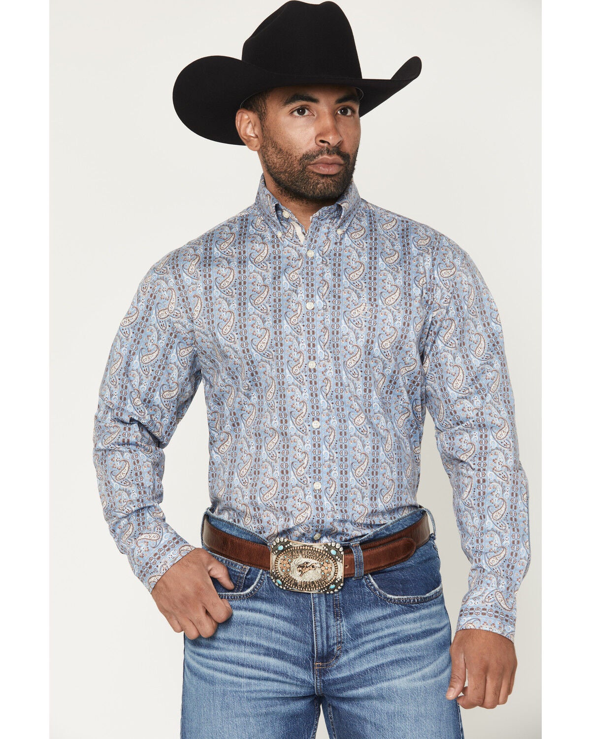 Image #1 - Panhandle Slim Men's Paisley Wallpaper Print Long Sleeve Button-Down Stretch Western Shirt, Blue, hi-res