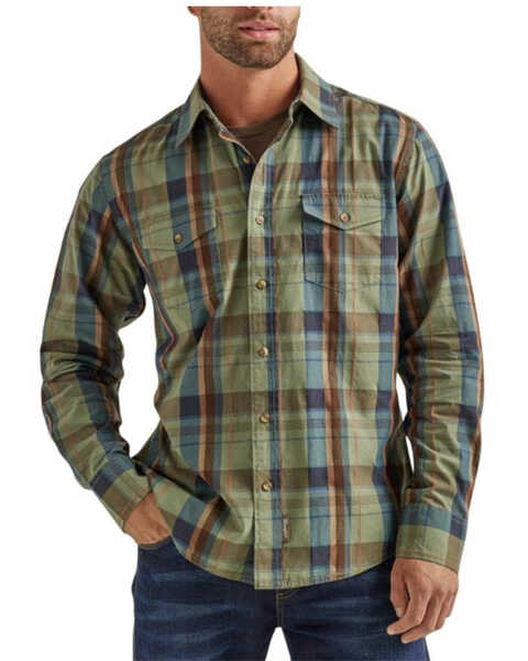 Wrangler Retro Men's Premium Plaid Print Long Sleeve Button-Down Western Shirt - Tall , Olive, hi-res