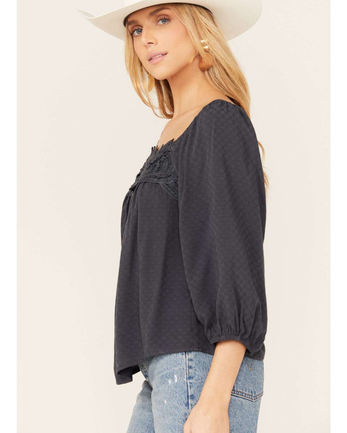 Image #2 - Eyeshadow Women's Battenburg Lace Trim Top, Navy, hi-res