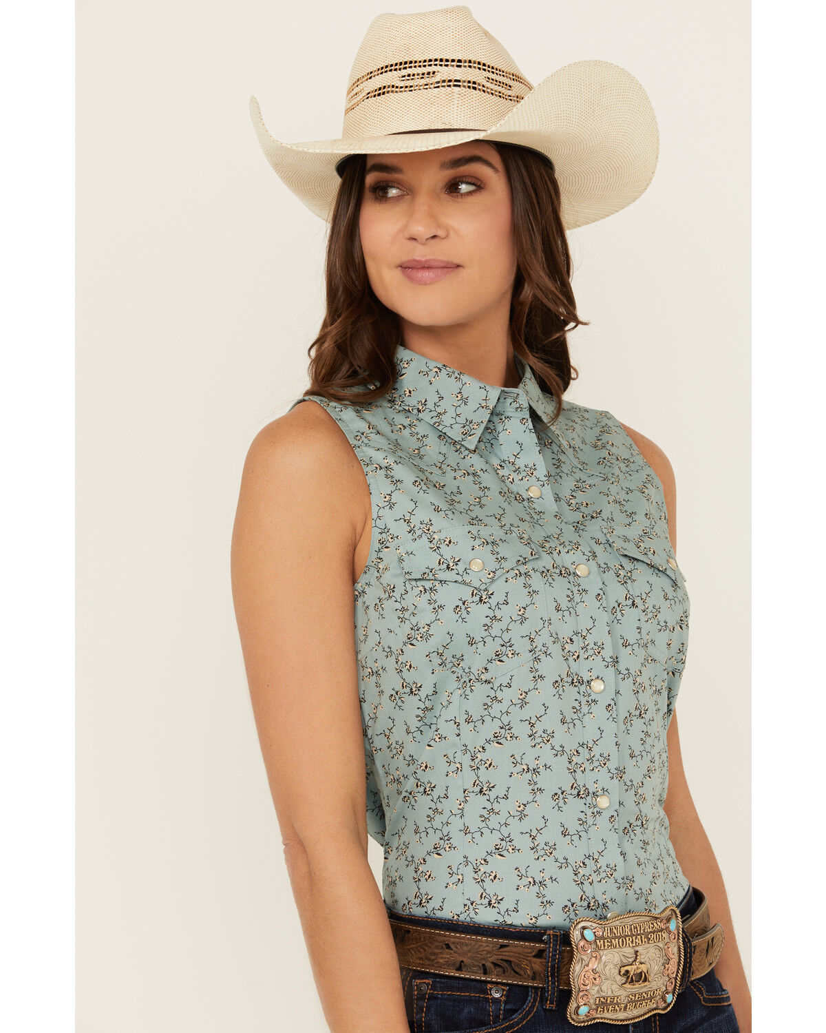 Image #2 - Wrangler Retro Women's Floral Print Sleeveless Pearl Snap Western Shirt, Slate, hi-res