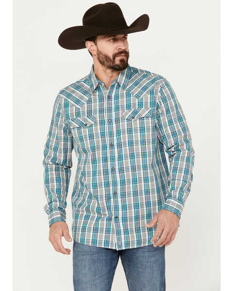 Image #1 - Moonshine Spirit Men's Agave Plaid Print Long Sleeve Western Snap Shirt, Grey, hi-res