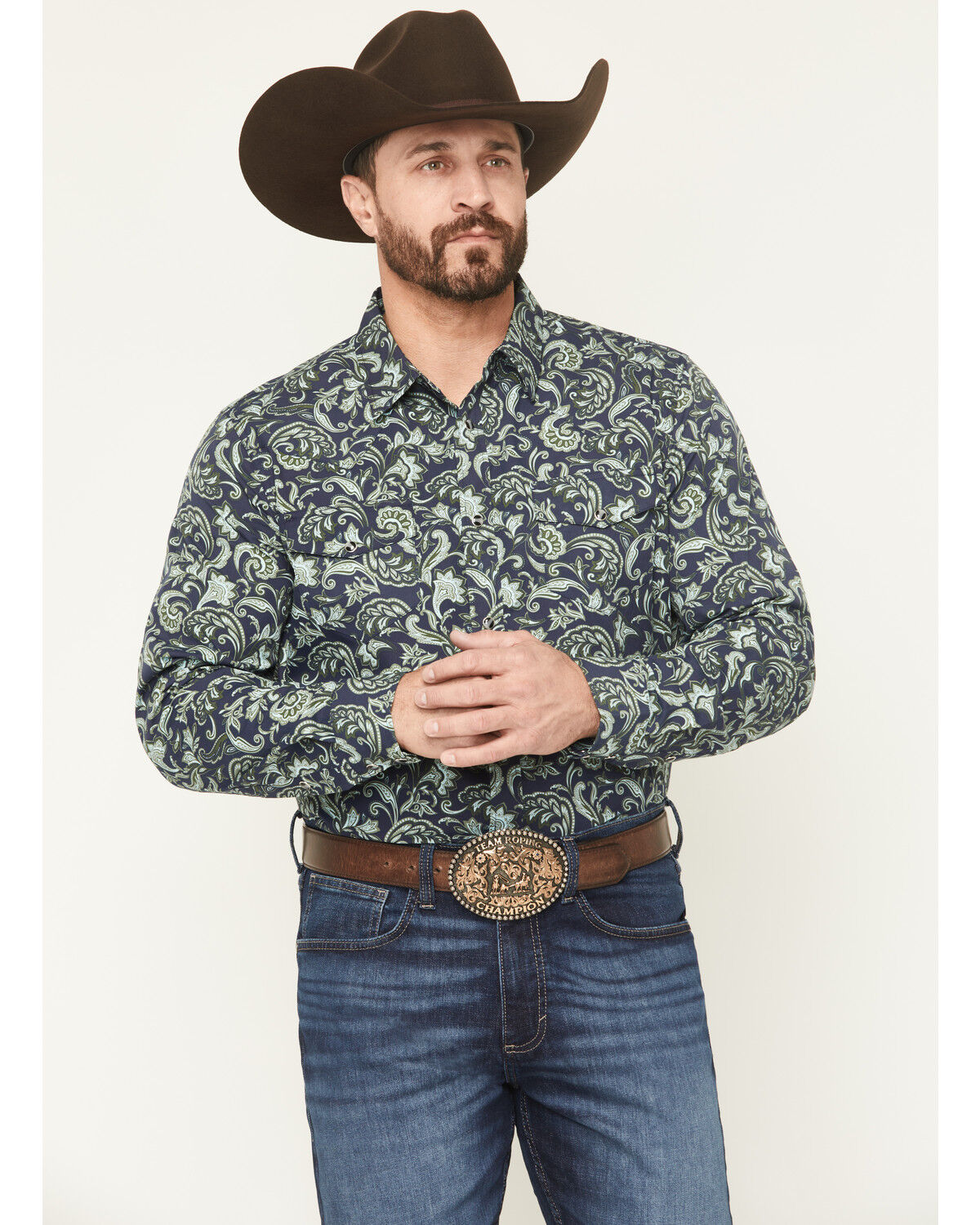 Image #1 - Gibson Trading Co Men's Hubert Floral Print Long Sleeve Snap Stretch Western Shirt - Big, Navy, hi-res
