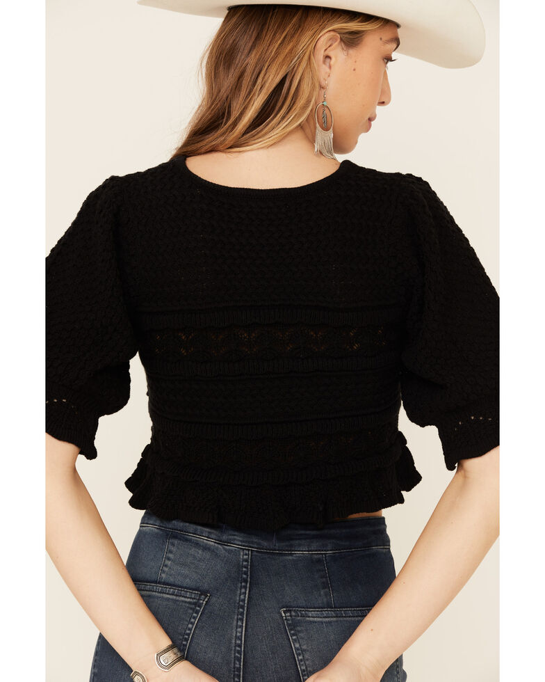 By Together Women's Solid Jacquard Knit Short Sleeve Crop Sweater , Black, hi-res