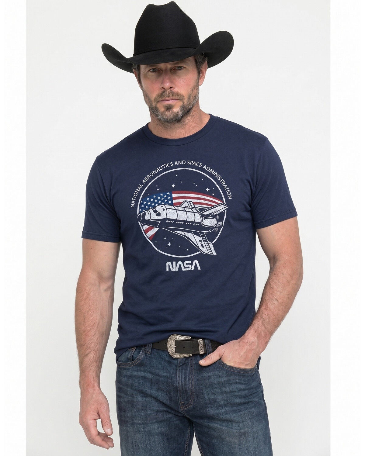 Image #1 - Americana Men's NASA US Flag in Space Short Sleeve Graphic T-Shirt, Navy, hi-res