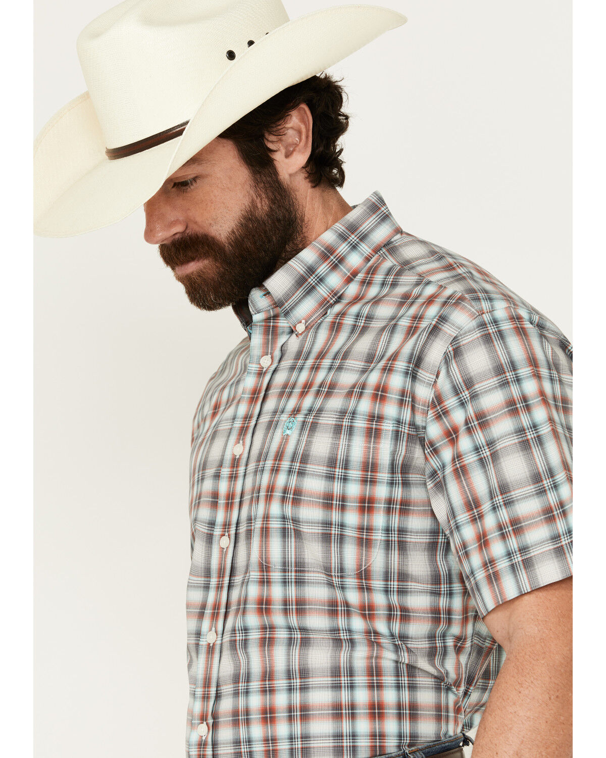 Image #2 - Cinch Men's Plaid Print Short Sleeve Button-Down Western Shirt, Grey, hi-res