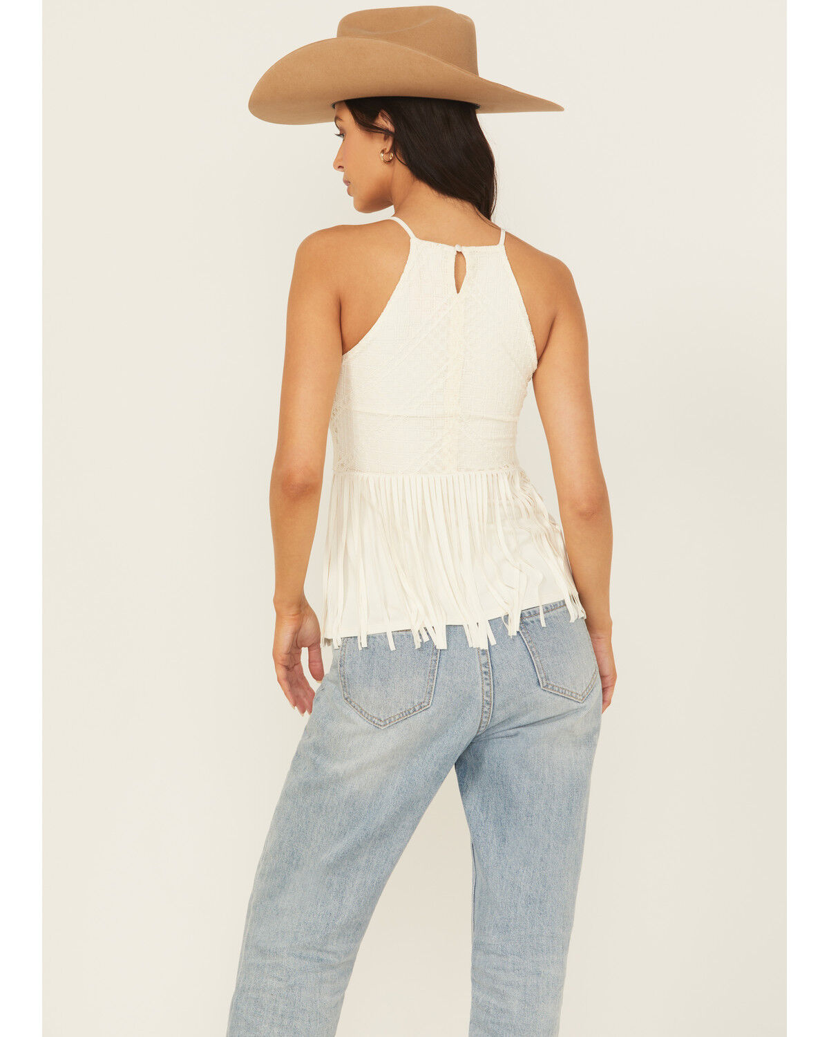 Image #4 - Shyanne Women's Stretch Lace Halter Fringe Tank, Cream, hi-res