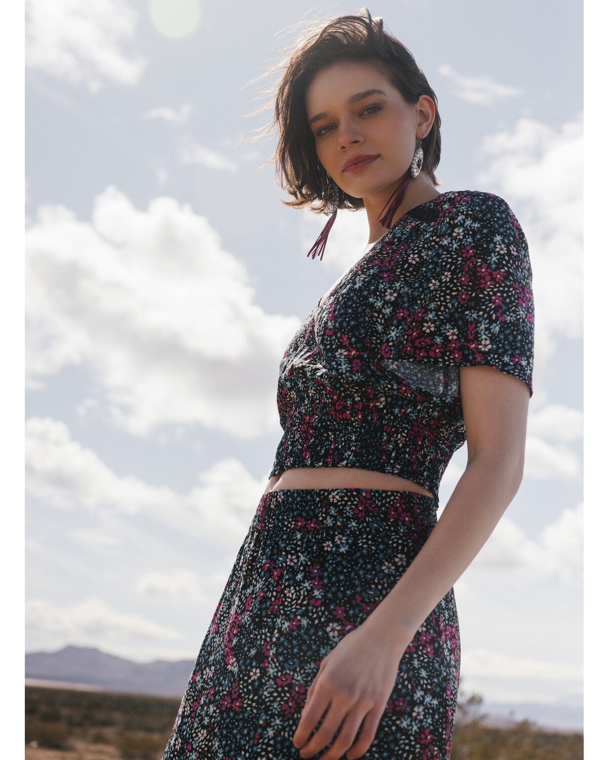 Image #1 - Idyllwind Women's Meadow Floral Print Short Sleeve Cropped Shirt, Black, hi-res