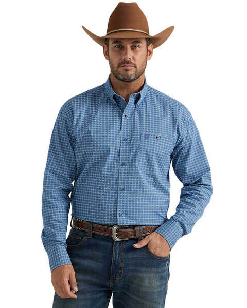 George Strait by Wrangler Men's Geo Print Long Sleeve Button-Down Stretch Western Shirt - Big , Blue, hi-res