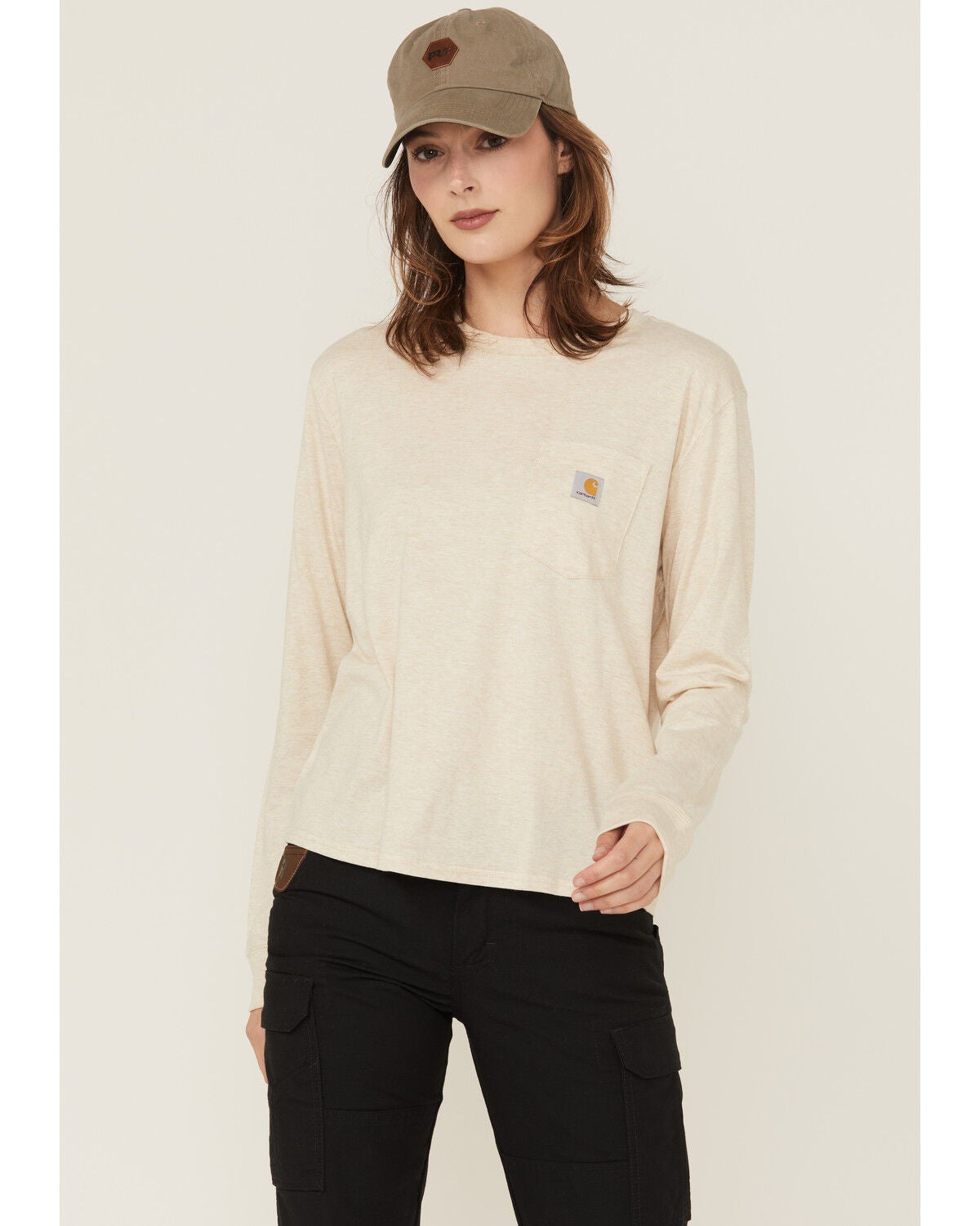 Image #1 - Carhartt Women's TENCEL&trade; Loose Fit Long Sleeve Pocket Shirt, Oatmeal, hi-res