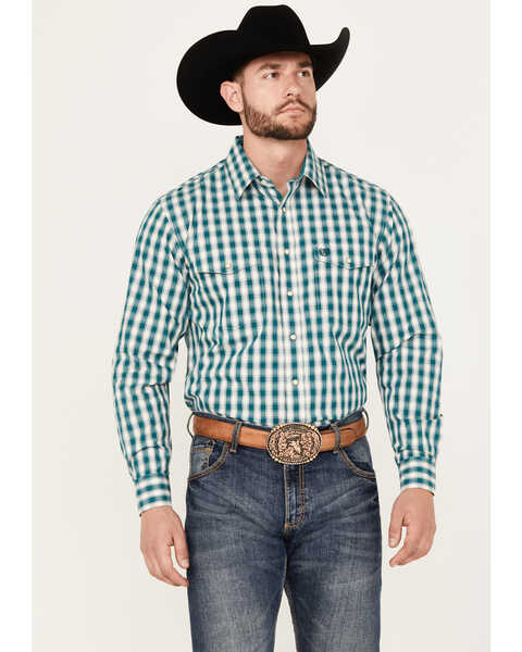 Panhandle Select Men's Plaid Print Long Sleeve Snap Western Shirt, Teal, hi-res