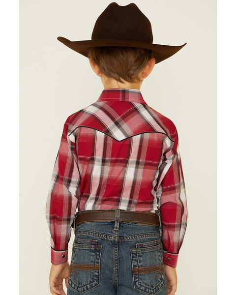 Image #4 - Roper Boys' Plaid Print Embroidered Bull Yoke Long Sleeve Snap Western Shirt , Red, hi-res