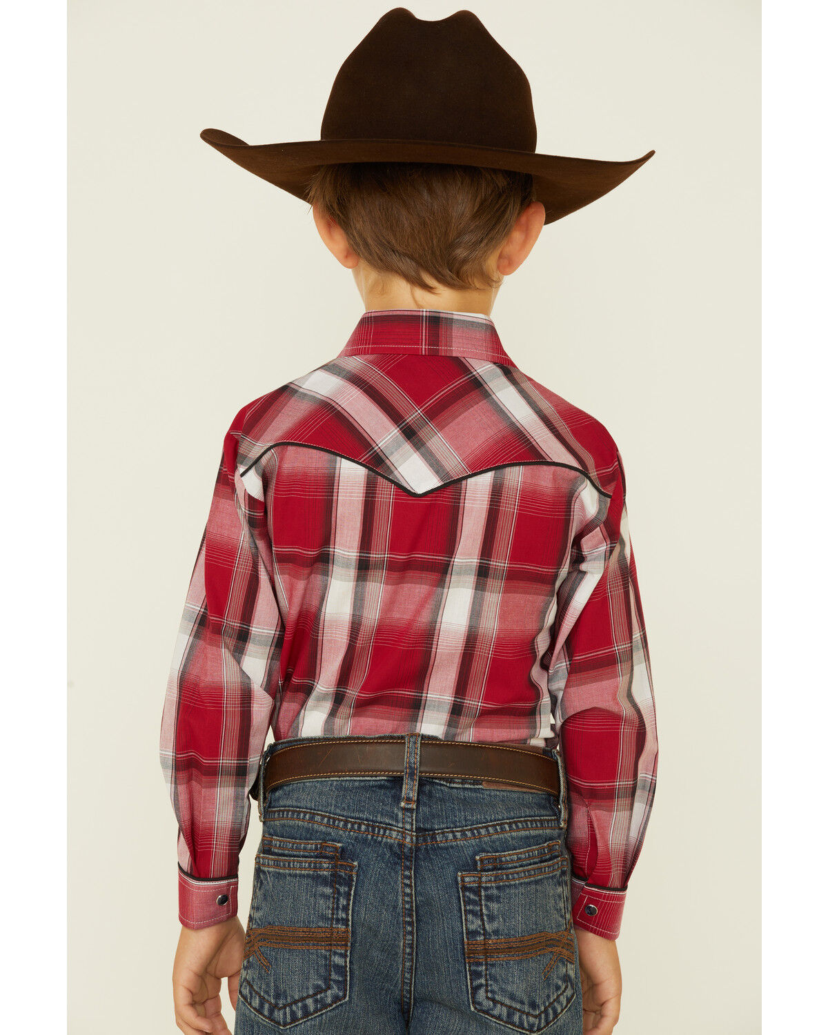 Image #4 - Roper Boys' Plaid Print Embroidered Bull Yoke Long Sleeve Snap Western Shirt, Red, hi-res