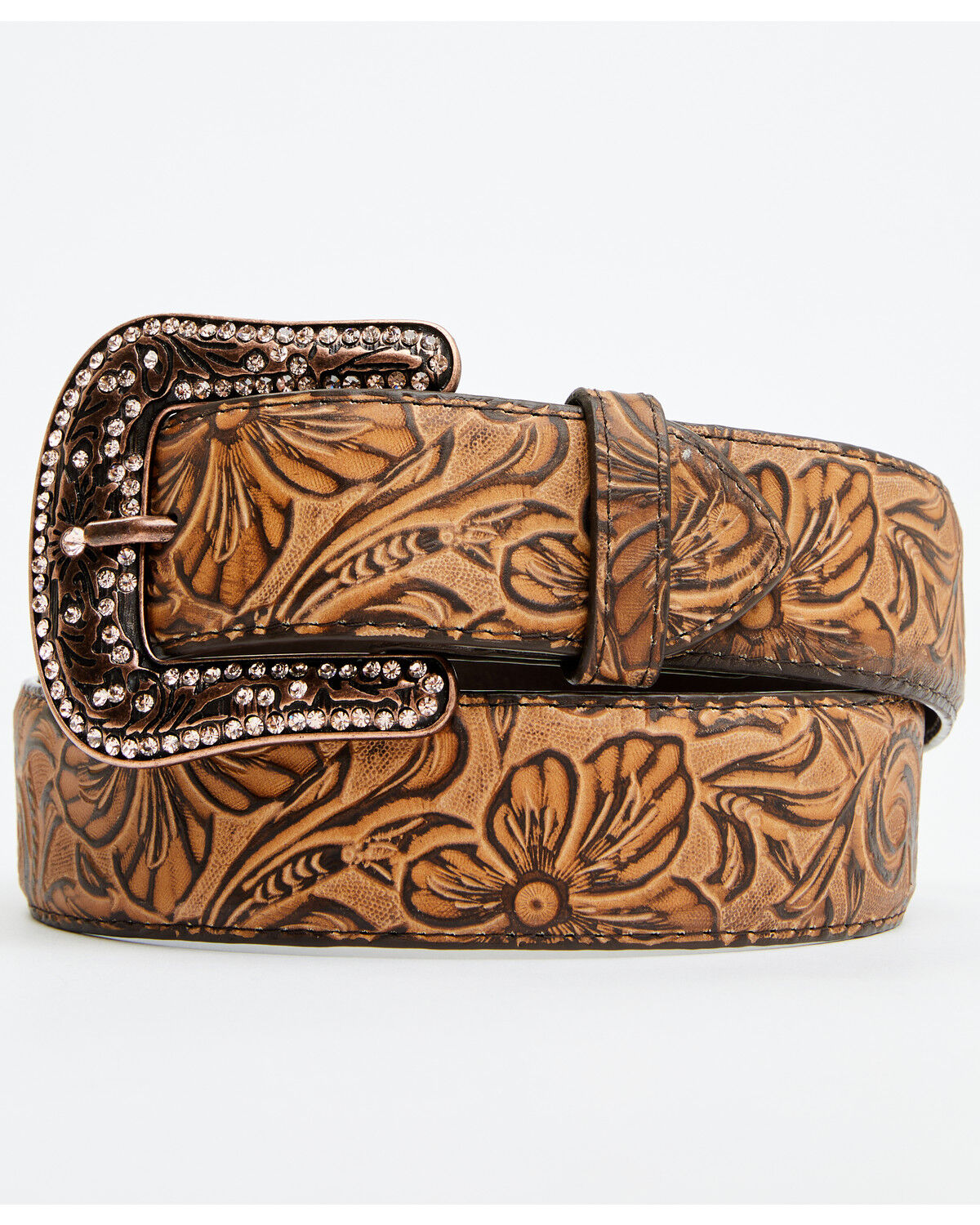 Image #1 - Shyanne Women's Floral Print Leather Belt, Brown, hi-res