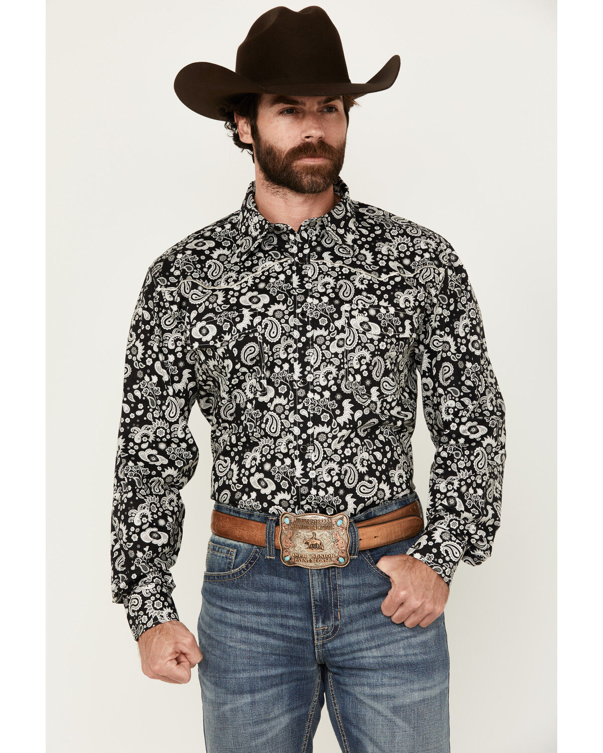 Image #1 - Cowboy Hardware Men's Paisley Print Long Sleeve Snap Western Shirt, Black, hi-res