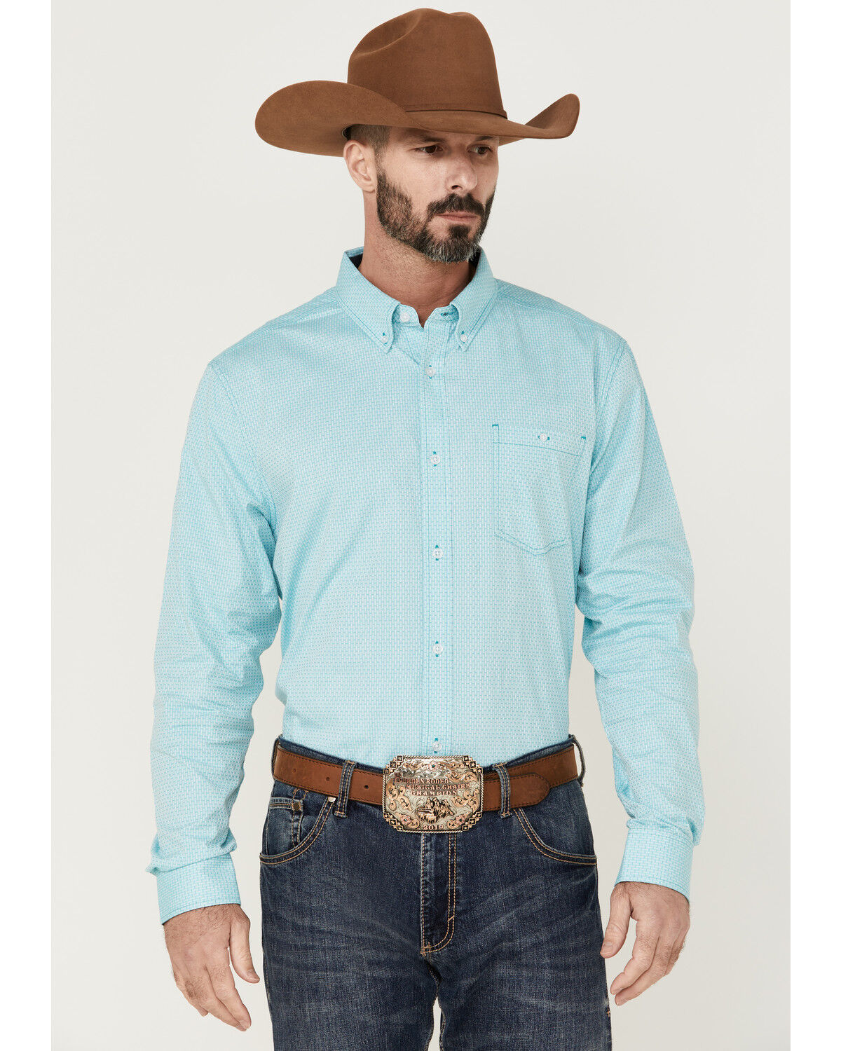 Image #1 - RANK 45® Men's Heeler Textured Solid Long Sleeve Button-Down Western Shirt, Turquoise, hi-res