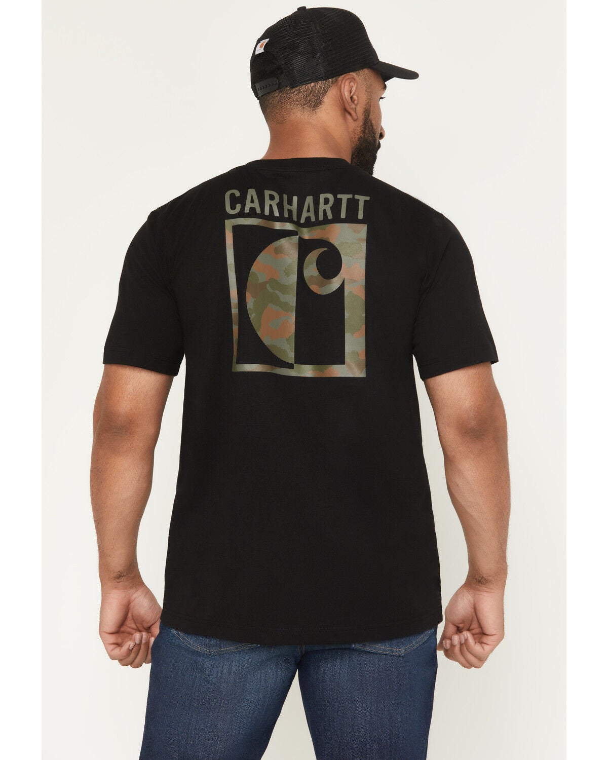 Carhartt Men's Camo Print Logo Relaxed Fit Short Sleeve Pocket T-Shirt, Black, hi-res