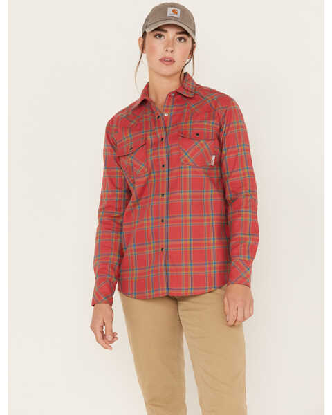 Ariat Women's Boot Barn Exclusive Fire Resistant Retro Boot Barn Exclusive Long Sleeve Button Down Work Shirt, Red, hi-res