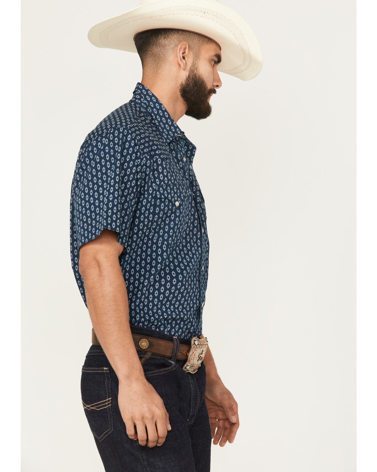 Image #2 - Roper Men's West Made Geo Print Short Sleeve Pearl Snap Western Shirt, Blue, hi-res