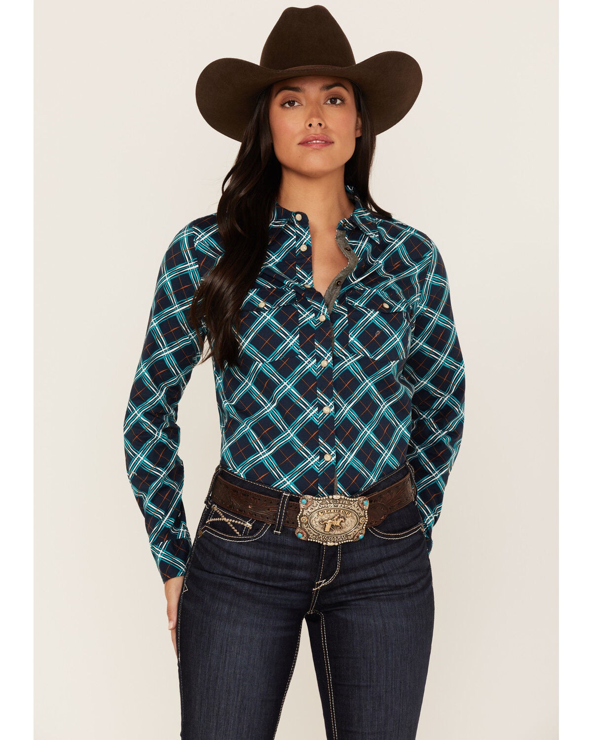 womens stretch plaid shirt