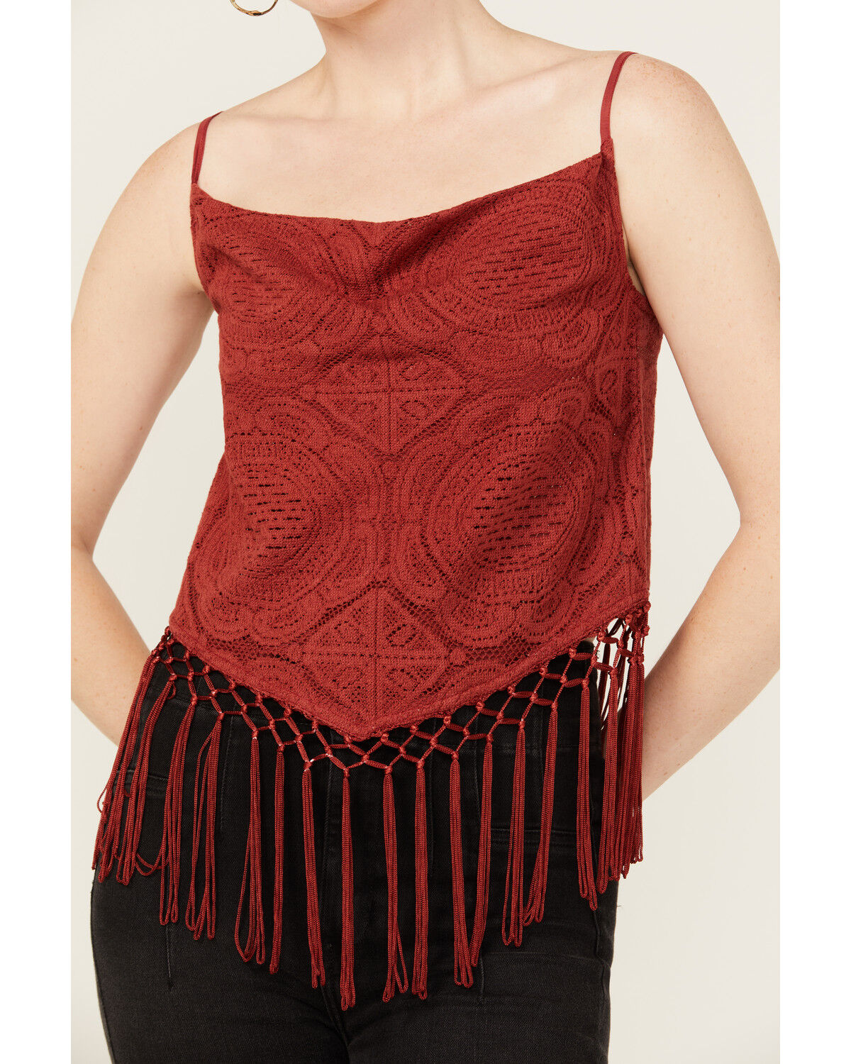 Image #3 - Rock & Roll Denim Women's Medallion Print Lurex Fringe Tank, Red, hi-res