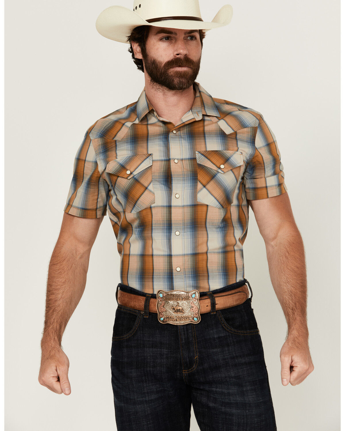 Image #1 - Pendleton Men's Frontier Plaid Print Short Sleeve Snap Western Shirt, Blue, hi-res