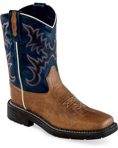Old West Boys' Tan/Navy Leather Work Rubber Cowboy Boots - Square Toe, Tan, hi-res