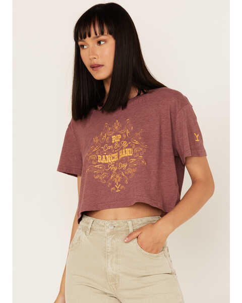 Wrangler x Yellowstone Women's RIP Can Be My Ranch Hand Cropped Graphic Tee, Burgundy, hi-res