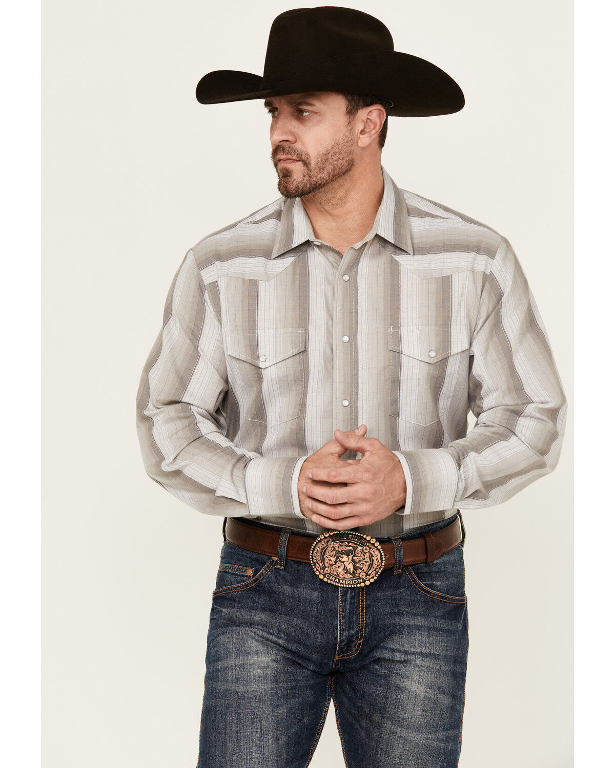 Image #1 - Roper Men's Striped Print Long Sleeve Snap Western Shirt, Grey, hi-res