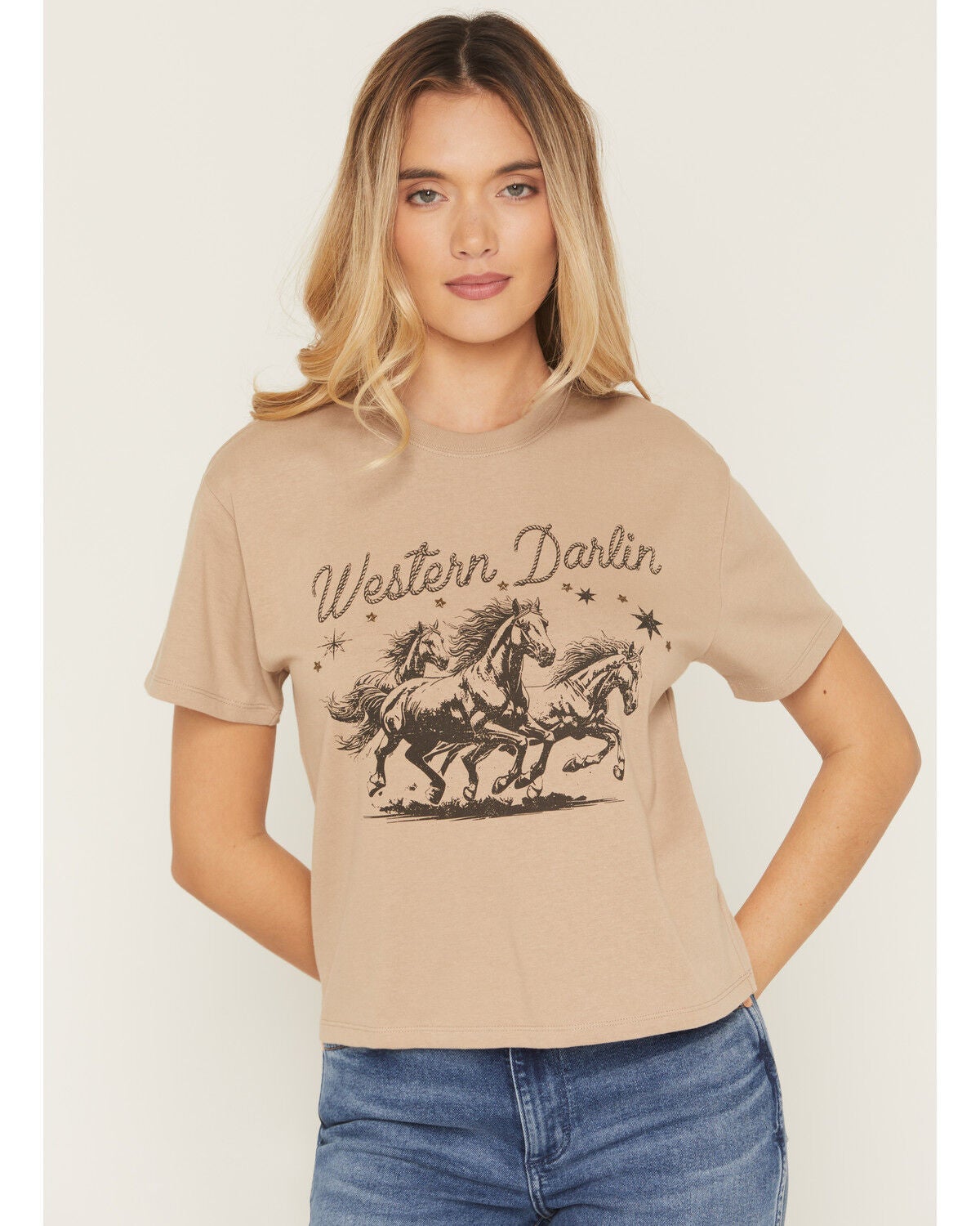 Blended Women's Rope Stitch Horse Short Sleeve Graphic Tee, Tan, hi-res