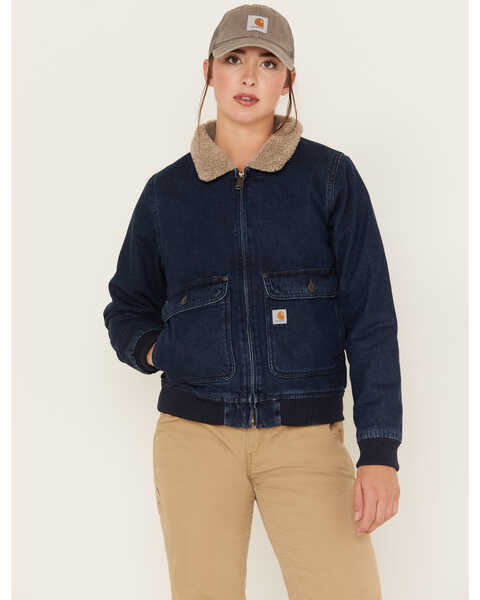 Image #1 - Carhartt Women's Medium Wash Relaxed Fit Denim Sherpa-Lined Jacket, Blue, hi-res
