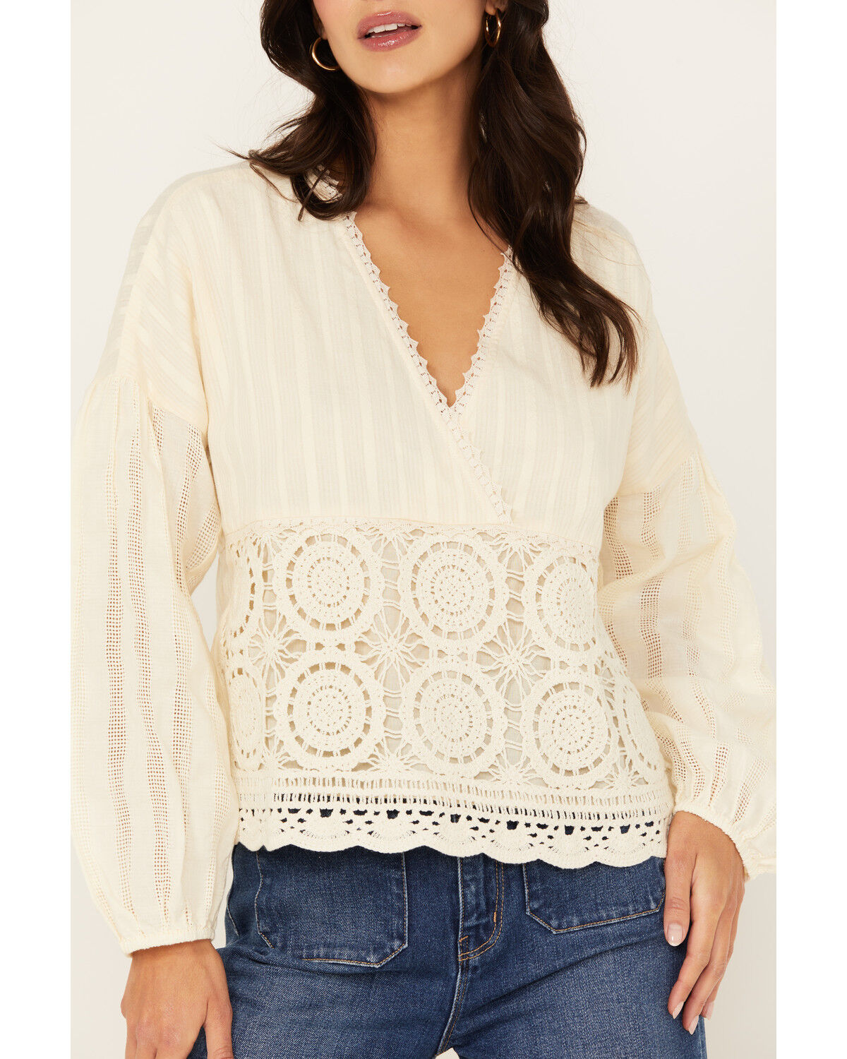 Image #3 - Miss Me Women's Crochet Long Sleeve Top, Cream, hi-res