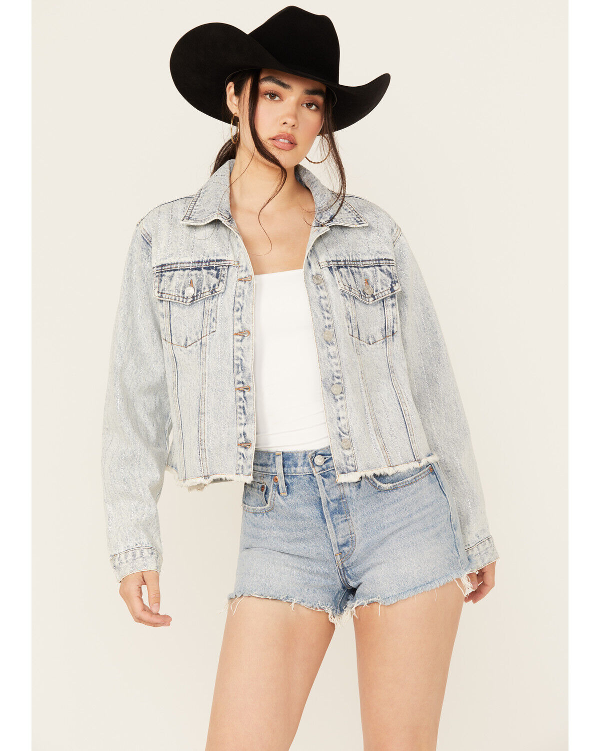 Image #1 - Blue B Women's Light Wash Embellished Cropped Denim Jacket, , hi-res
