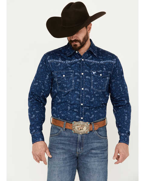 Cowboy Hardware Men's Roman Paisley Print Long Sleeve Western Pearl Snap Shirt, Navy, hi-res