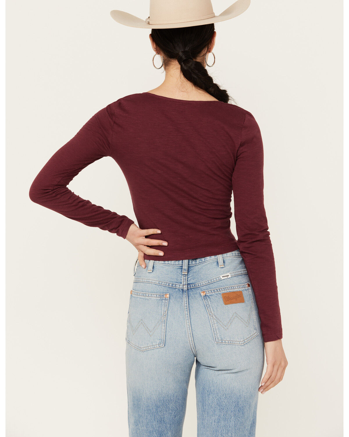 Image #4 - Shyanne Women's Long Sleeve Cutwork Front Tie Top, Maroon, hi-res