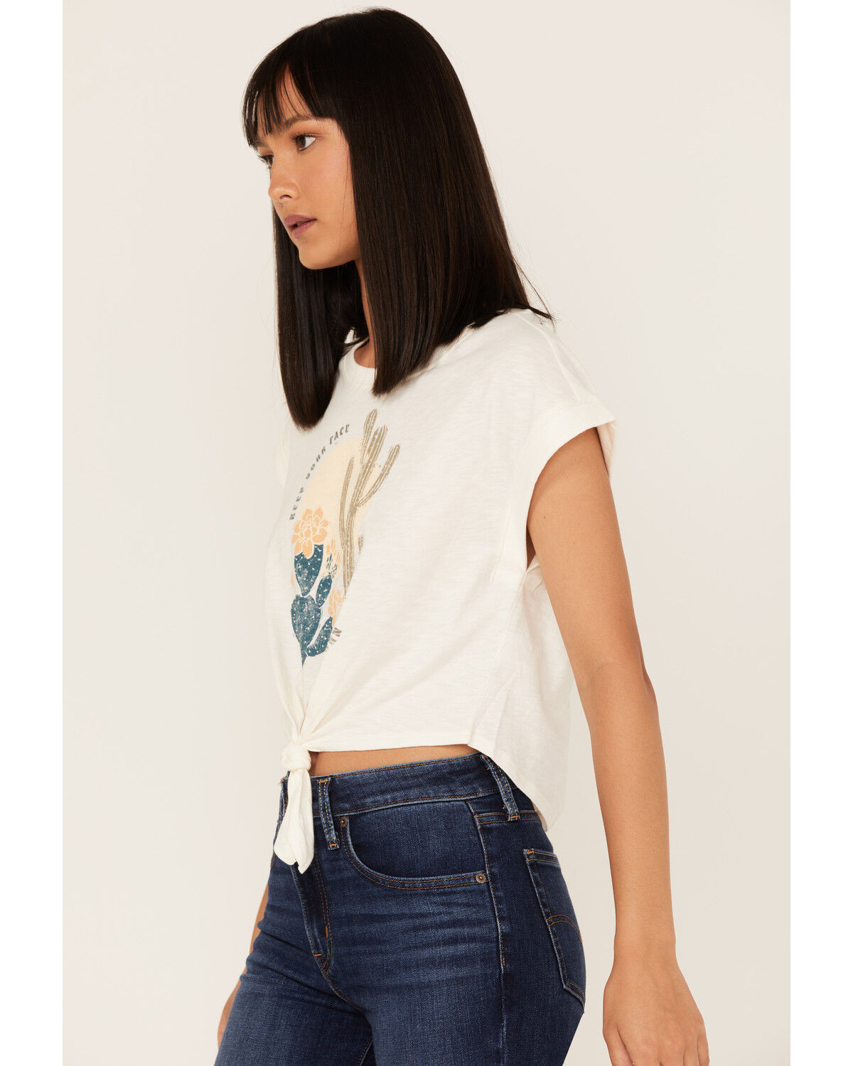 Image #2 - Shyanne Women's Desert Sun Cactus Graphic Tie Front Tee, Ivory, hi-res