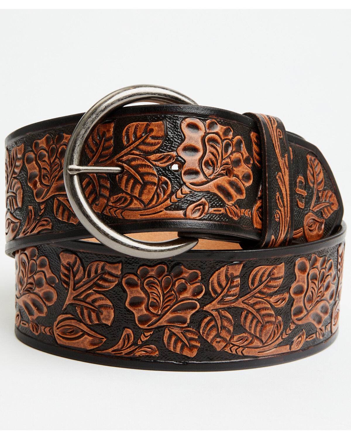 Image #1 - Stetson Women's Wide Floral Embossed Leather Belt, Brown, hi-res