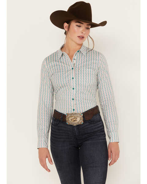 RANK 45® Women's Long Sleeve Button-Down Striped Poplin Western Riding Shirt, Ivory, hi-res