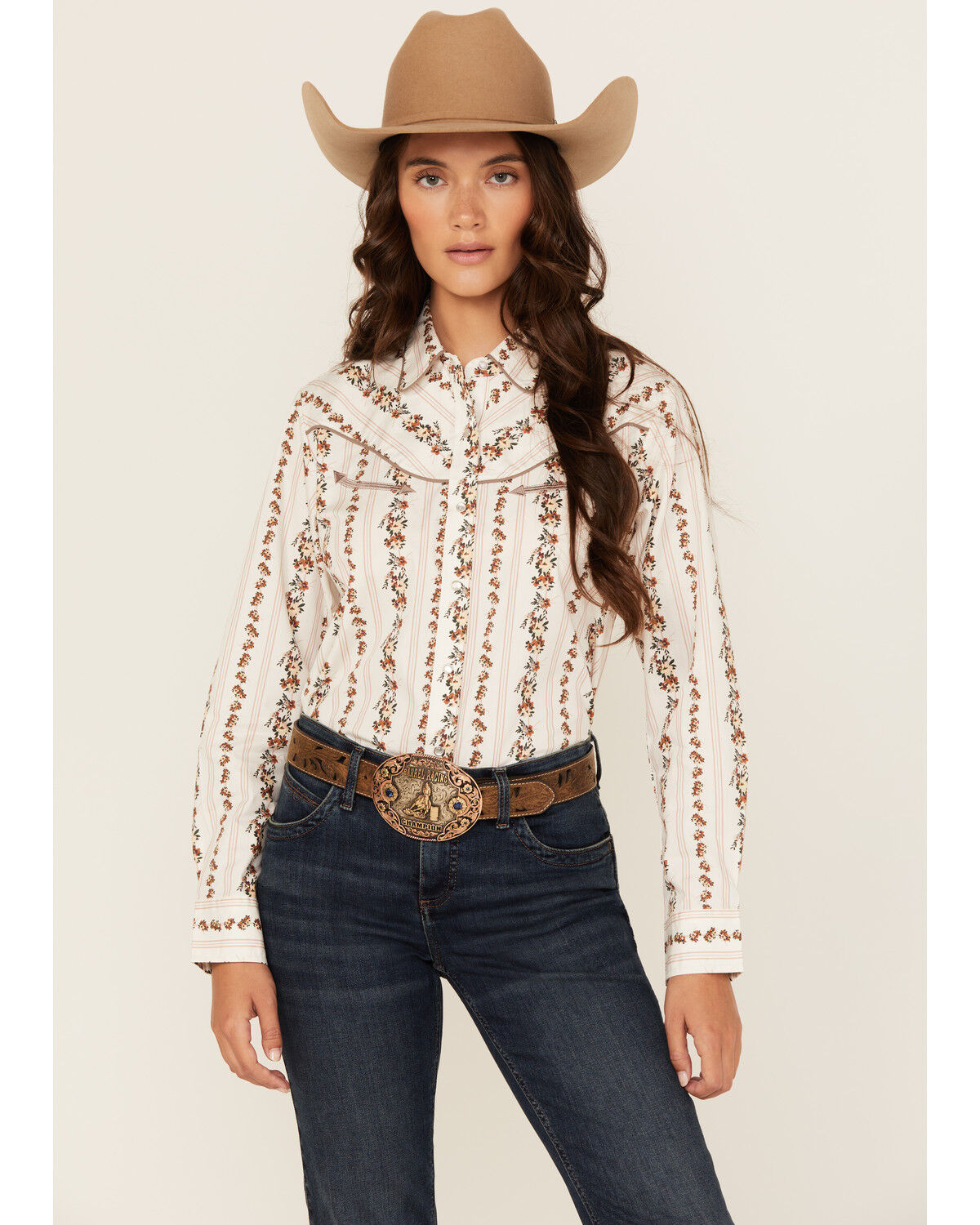 Image #1 - Ely Walker Women's Floral Wallpaper Print Long Sleeve Snap Stretch Western Shirt, Off White, hi-res
