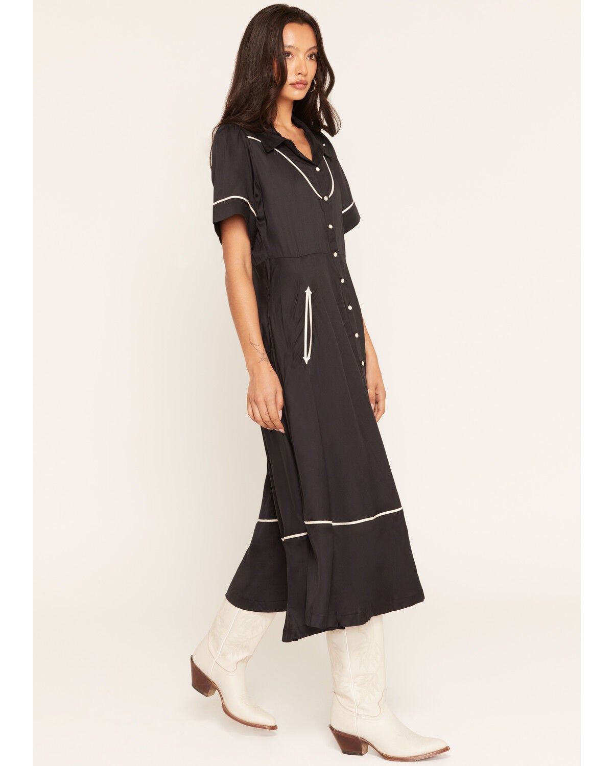 Image #2 - Sendero Provisions Women's La Dahlia Short Sleeve Snap Midi Dress, Black, hi-res