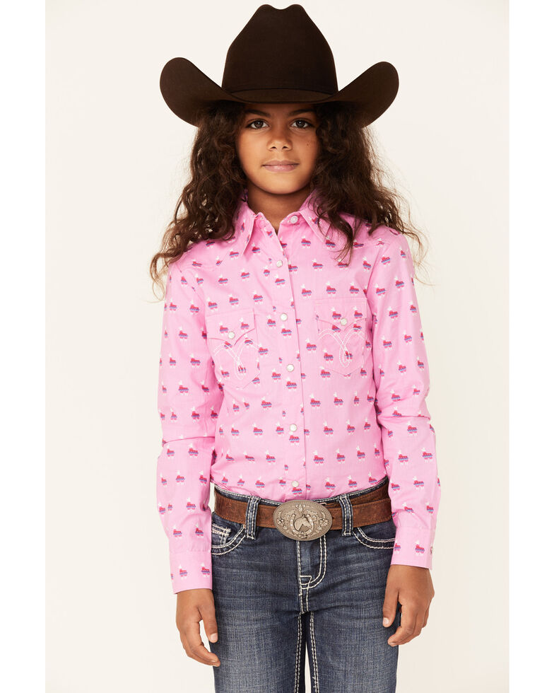 Rock & Roll Denim Girls' Llama Print Long Sleeve Western Shirt, Pink, hi-res