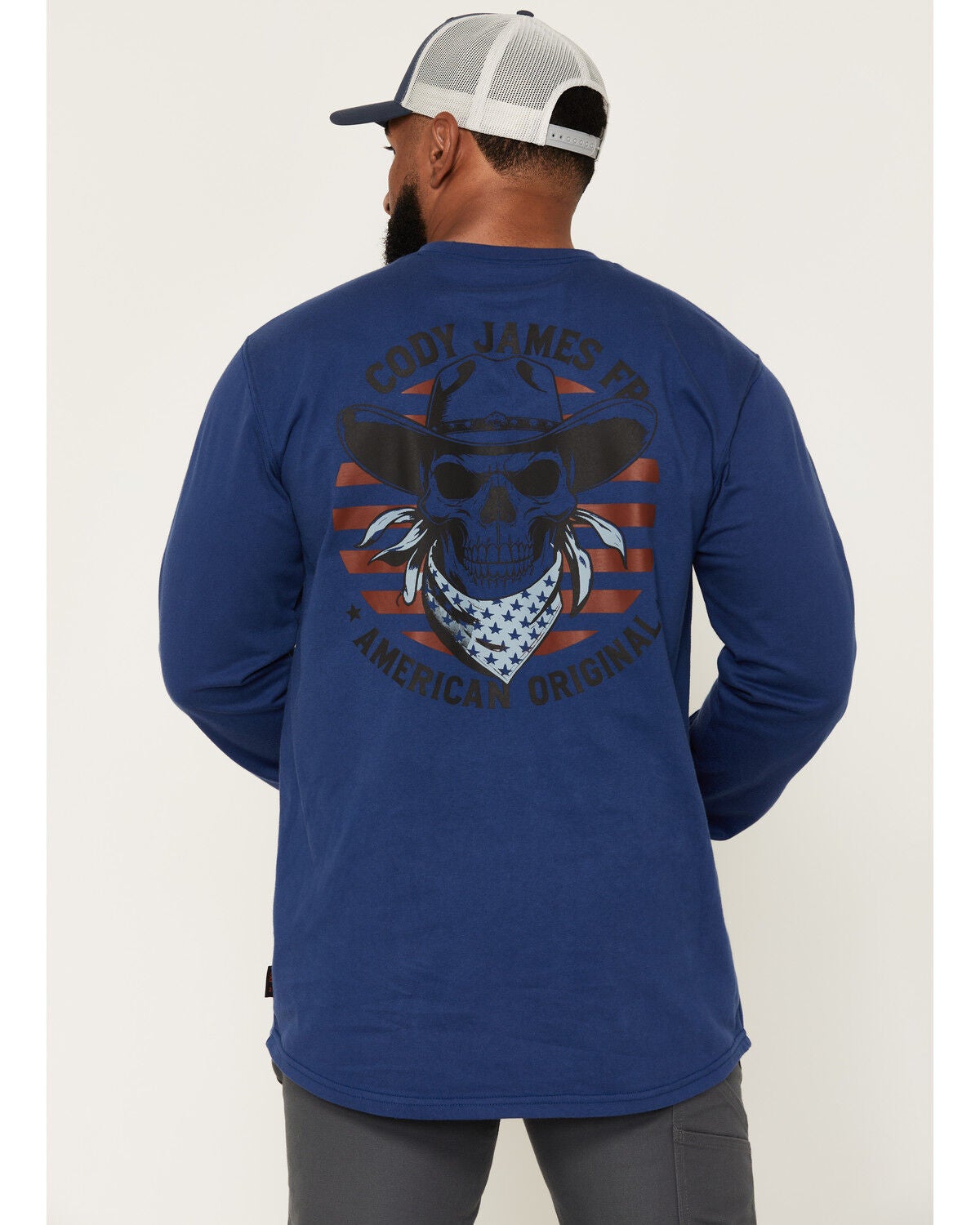Image #4 - Cody James Men's FR Solid Skull Flag Long Sleeve Work T-Shirt, Navy, hi-res