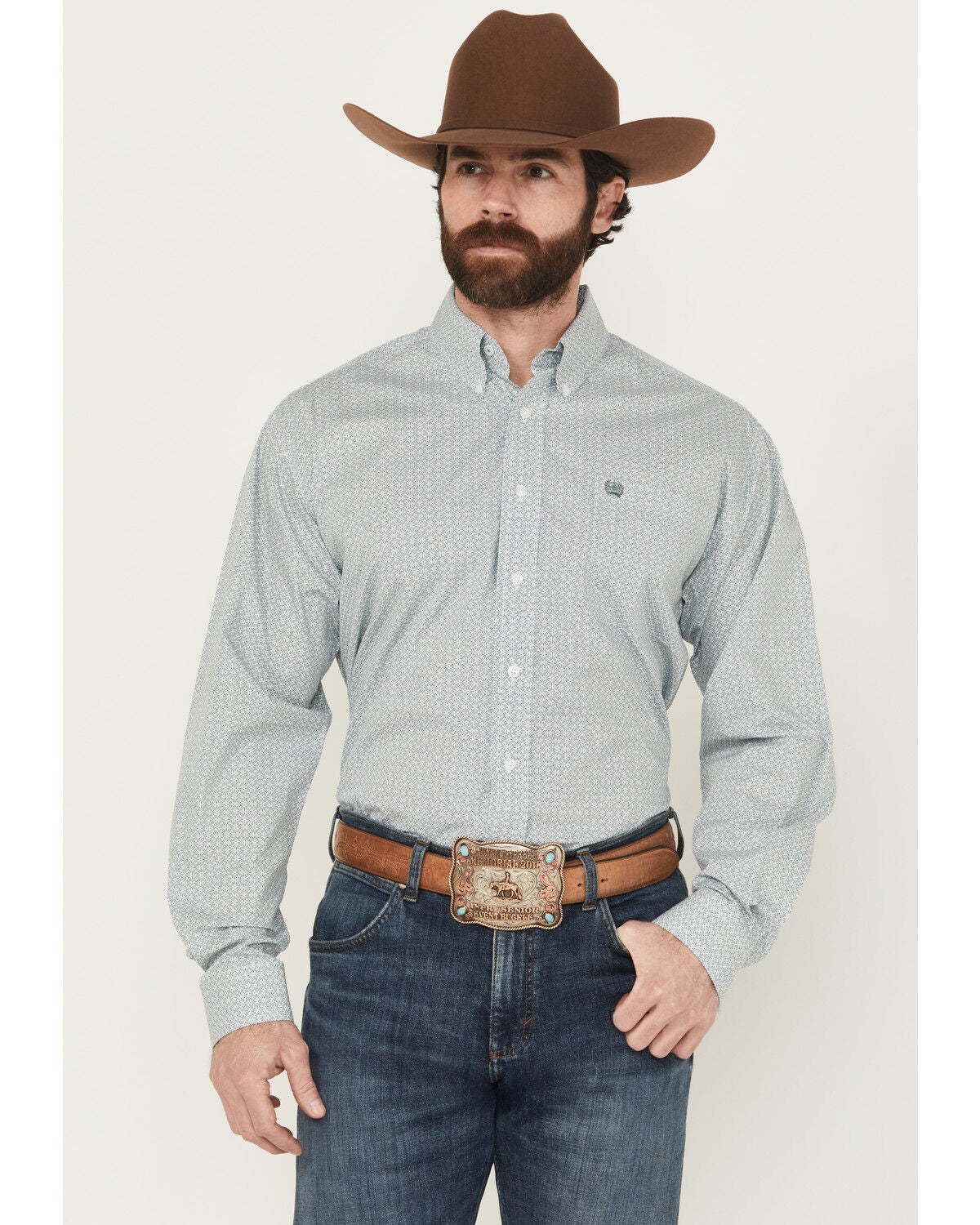 Cinch Men's Printed Long Sleeve Button-Down Western Shirt, Green, hi-res