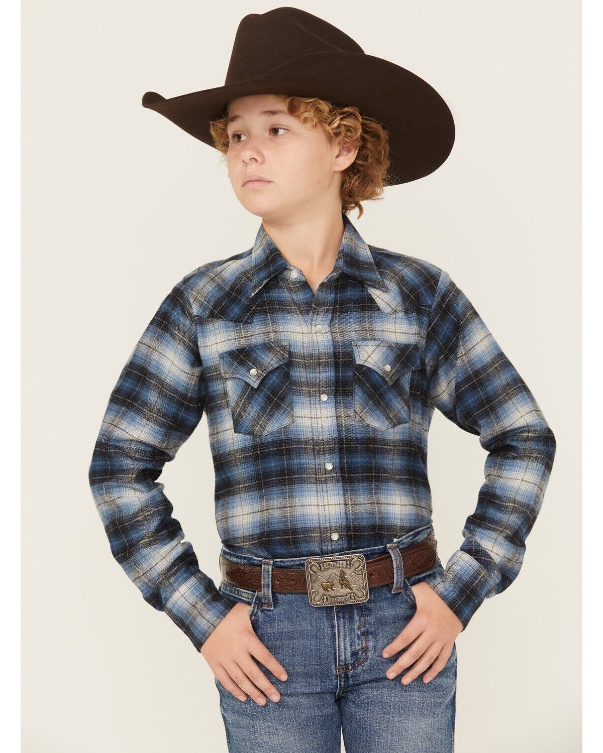 Image #1 - Ely Walker Boy's Plaid Print Long Sleeve Snap Flannel Shirt, Blue, hi-res