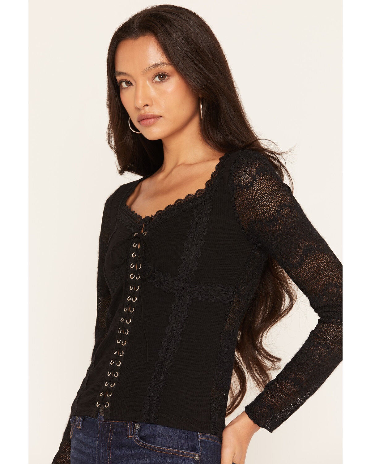 Image #2 - Miss Me Women's Tie-Front Long Sleeve Top, Black, hi-res