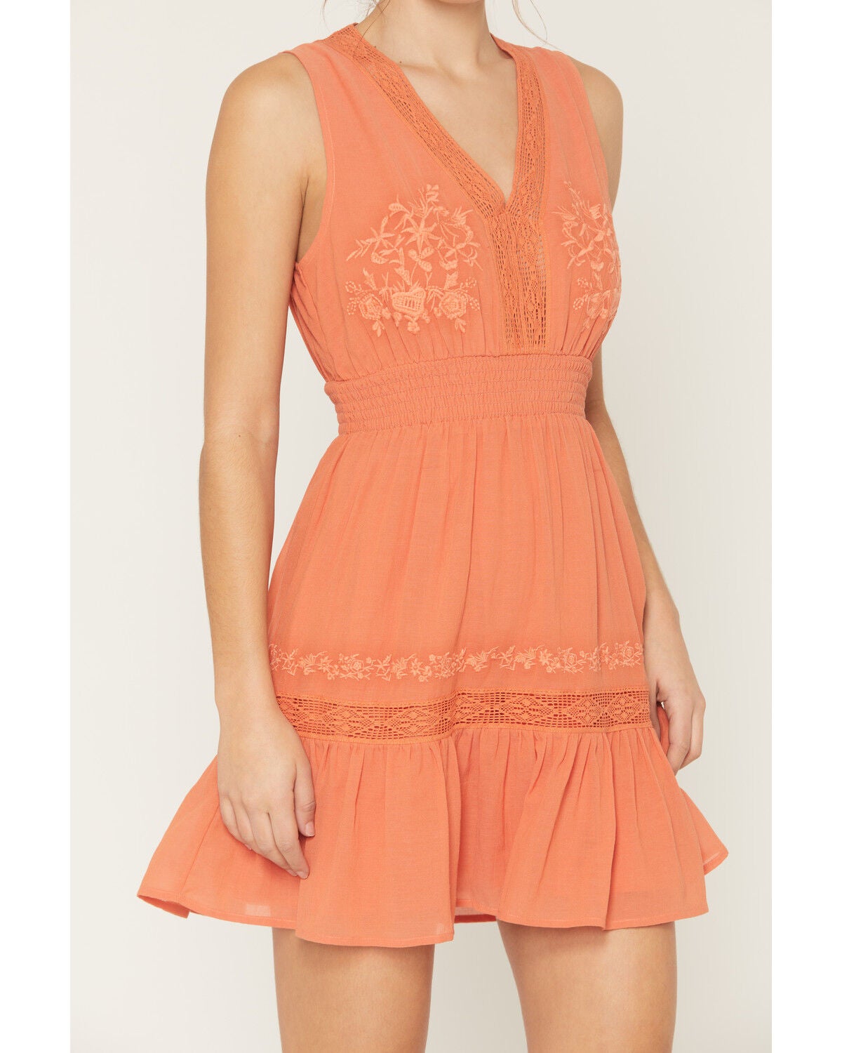 Image #3 - Shyanne Women's Embroidered Sleeveless Smocked Waist Mini Dress, Coral, hi-res