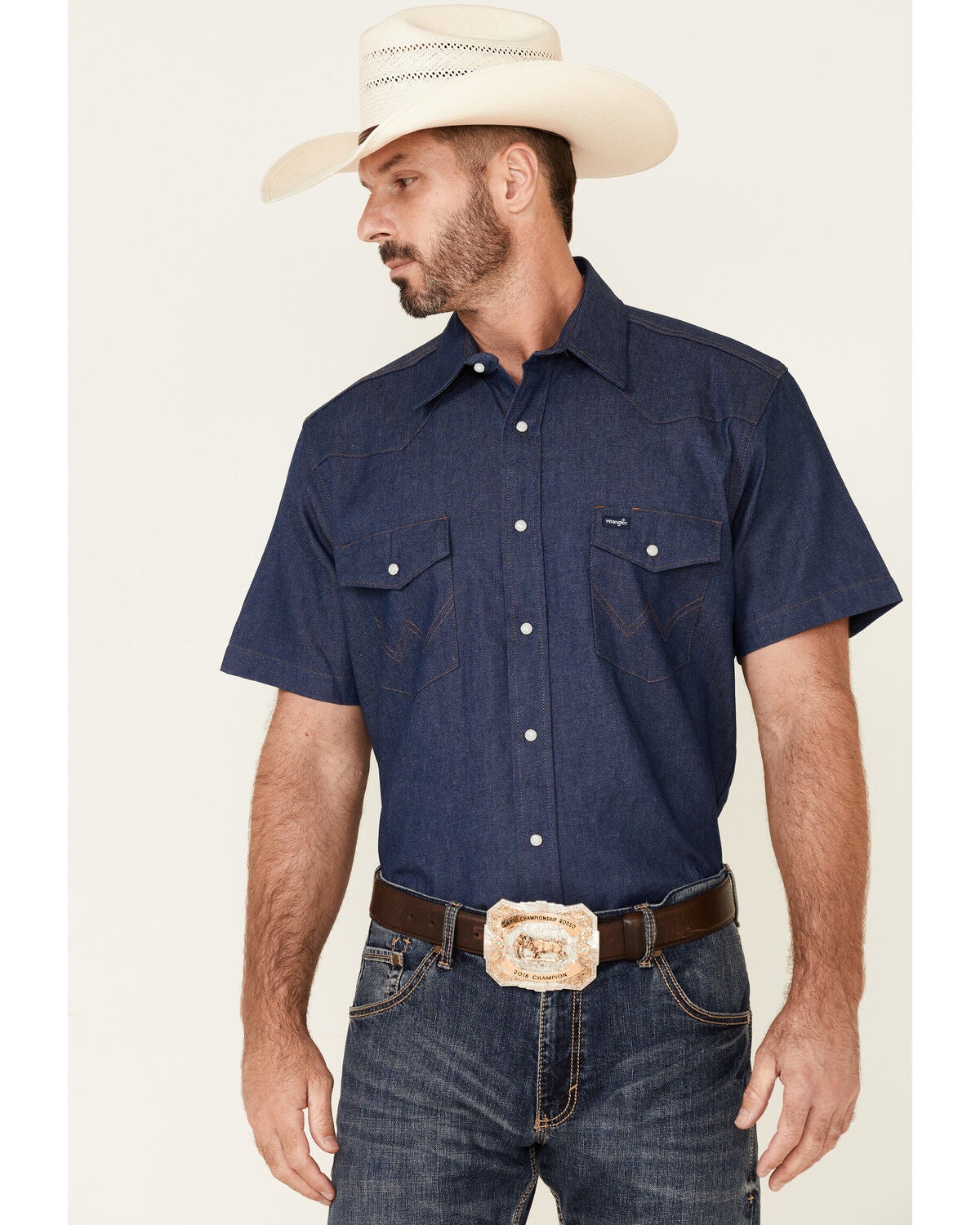 Wrangler Men's Solid Twill Short Sleeve Work Shirt, Indigo, hi-res