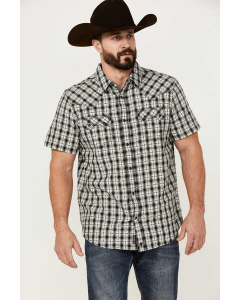 Moonshine Spirit Men's Classic Plaid Print Short Sleeve Snap Western Shirt , Black, hi-res