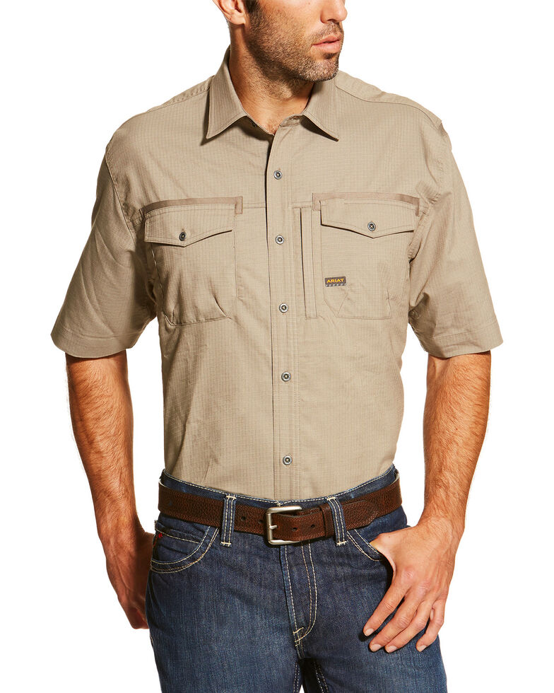 Ariat Men's Khaki Rebar Short Sleeve Work Shirt - Big , Beige/khaki, hi-res